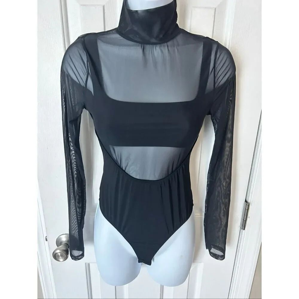 Forever 21 mesh long sleeve turtleneck black bodysuit size small tong